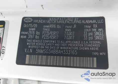 2010 Hyundai Santa Fe Gls z USA, uszkodzony, nr VIN 5NMSG3AB8AH333165